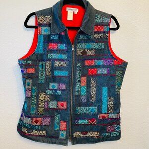 Coldwater Creek Denim Patchwork Embroidered Applique Zip Collared Vest | Large